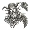 A tattoo design merging dark metal aesthetics with Loky, the Norse god, holding mistletoe in a dotwork style tattoo design idea