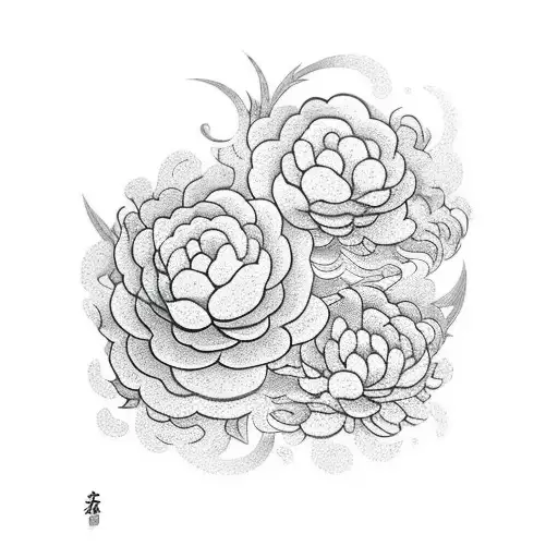 2 carpes koï, un masque d'oni, des vagues et des fleurs de pivoine tattoo design idea