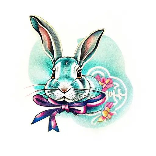 rabbit with teal ribbon in tribute to mom tattoo design idea