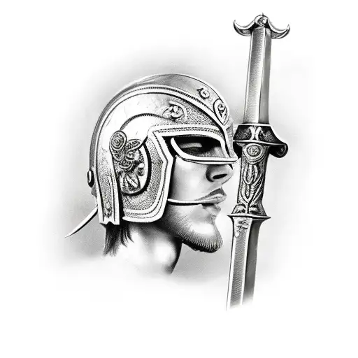 Roman sword with evil Roman gladiator helm in front with roses full arm sleeve tattoo In black and white  tattoo design idea
