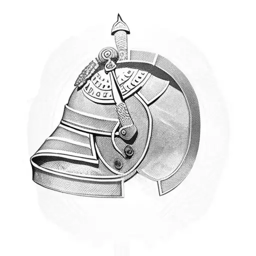 Roman gladius with Roman gladiator helmet sitting on top with roses growing around it, full arm sleeve tattoo in black a tattoo design idea