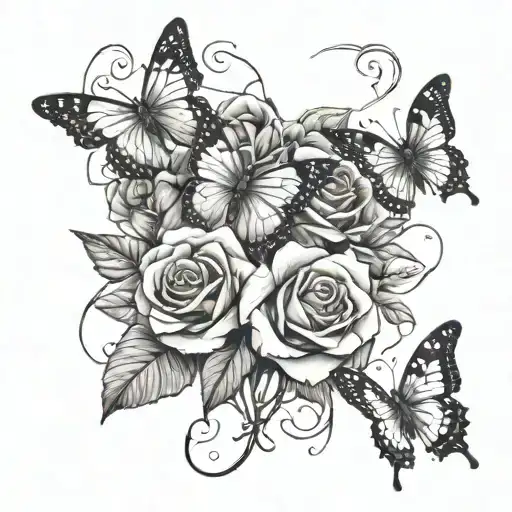 A beautiful bouquet of roses intertwined with delicate butterflies, symbolizing the love for your kids tattoo design idea