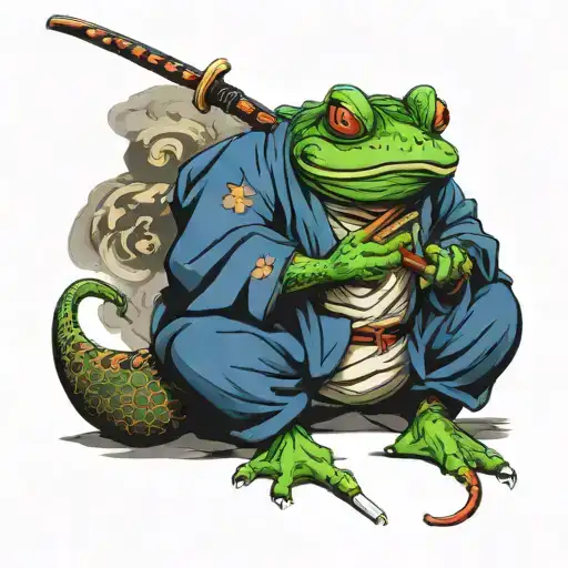 samurai frog smoking pipe and wielding a katana tattoo design idea