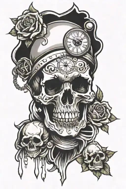 skull, clock, lit candle burning tattoo design idea
