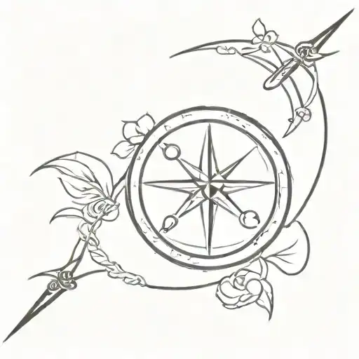 A big Compass with Peace logo in it and Moon tattoo design idea