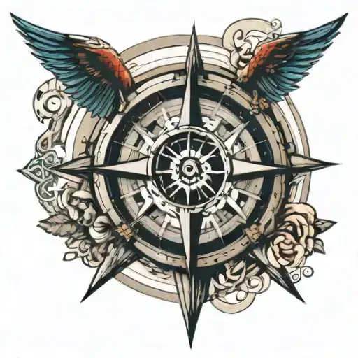 A big Compass with Peace logo in it and Moon tattoo design idea