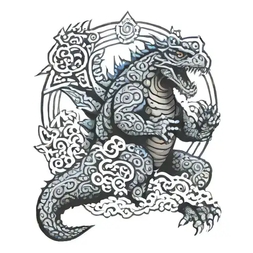 Godzilla surrounded by an Aztec pattern tattoo design idea