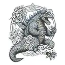 Godzilla surrounded by an Aztec pattern tattoo design idea