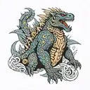 Godzilla surrounded by an Aztec pattern tattoo design idea