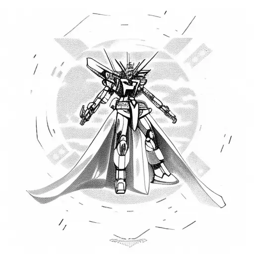 An anime character riding a Gundam bike through a futuristic city tattoo design idea