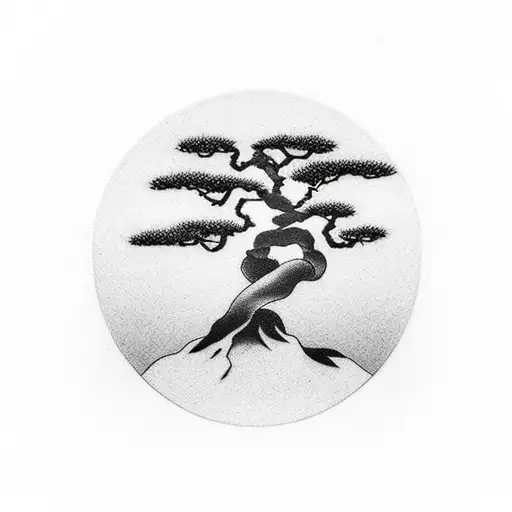 A minimalist black and grey tattoo of a bonsai tree symbolizing 'Kaizen' tattoo design idea