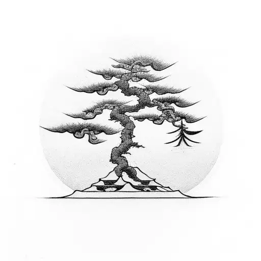 A minimalist black and grey tattoo of a bonsai tree symbolizing 'Kaizen' tattoo design idea
