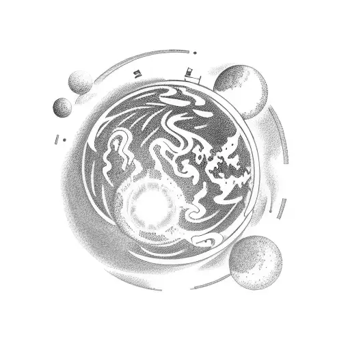 A realistic depiction of an orbiting astronaut with Earth and other planets in the background tattoo design idea
