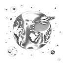 A realistic depiction of an orbiting astronaut with Earth and other planets in the background tattoo design idea
