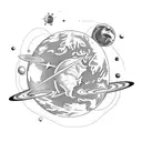 A realistic depiction of an orbiting astronaut with Earth and other planets in the background tattoo design idea