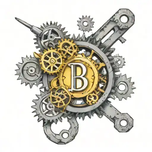 A machine of cogs fabricating steel initials T, B and S, which represent my son and wife’s initials  tattoo design idea