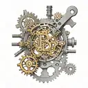 A machine of cogs fabricating steel initials T, B and S, which represent my son and wife’s initials  tattoo design idea