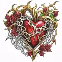 Crystal Deep Red Heart, The word "RUBY' in gold underneath, intricate silver thorns twisting around tattoo design idea