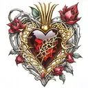 Crystal Deep Red Heart, The word "RUBY' in gold underneath, intricate silver thorns twisting around tattoo design idea