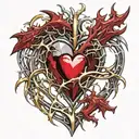 Crystal Deep Red Heart, The word "RUBY' in gold underneath, intricate silver thorns twisting around tattoo design idea
