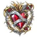 Crystal Deep Red Heart, The word "RUBY' in gold underneath, intricate silver thorns twisting around tattoo design idea