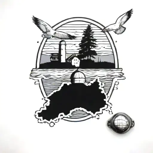 Ring landscapes of Florida at bottom, Maine, Beverly Massachusetts with a seagull in it with a rugby ball tattoo design idea