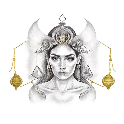 A realistic depiction of a Libra goddess holding scales tattoo design idea