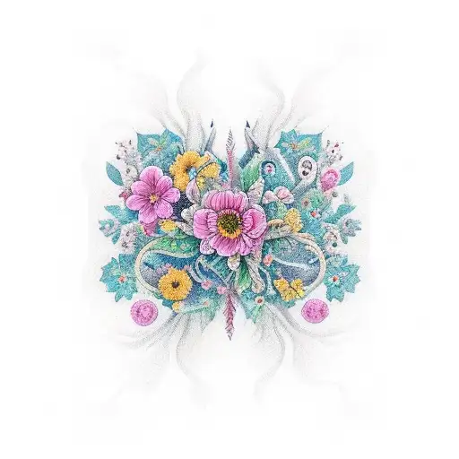 Balancing scales with intricate floral designs tattoo design idea