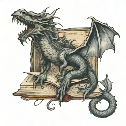 vintage book with dragon emerging tattoo design idea