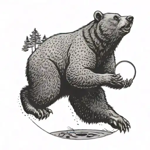 A dotwork tattoo of a bear catching a frisbee in a disc golf course surrounded by trees tattoo design idea