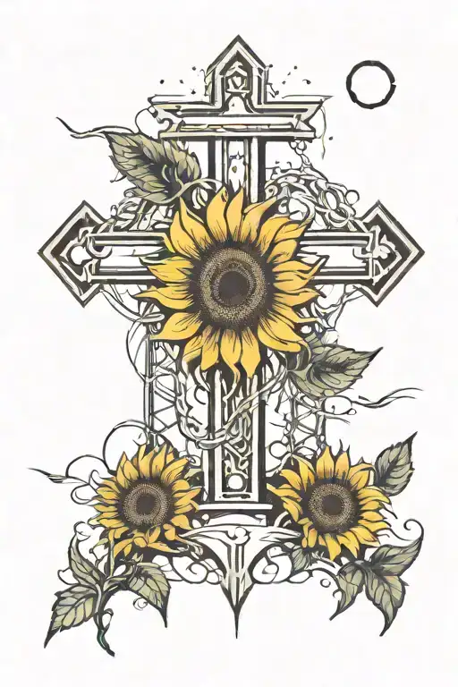 bridge with three crosses, sunflower, broken chains, sun rays  tattoo design idea