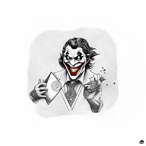A Joker holding a vinyl record with summer-themed tattoos on his arm tattoo design idea