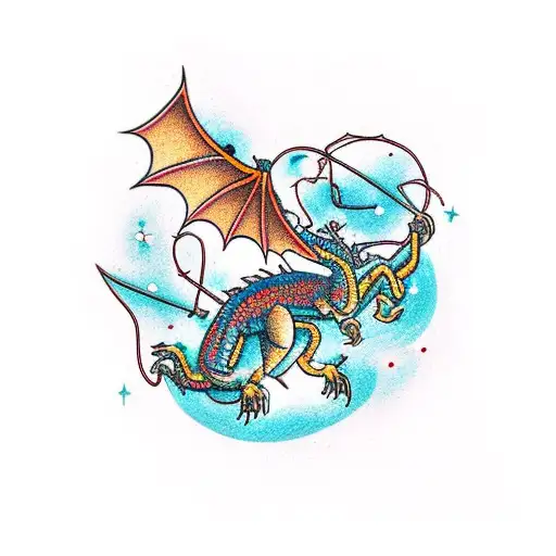 A constellation of a dragon intertwined with a spider in a cosmic background tattoo design idea