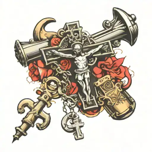 crucifix, gun, grenade, angel handcuff tattoo design idea