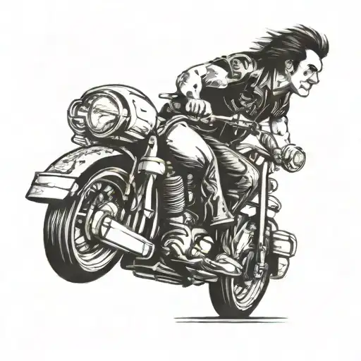 guy with mullet hair cut bald on top riding Atc 3 wheeler hair blowing  tattoo design idea