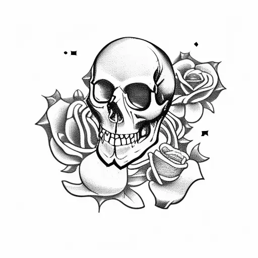 An old school style tattoo of a skull with roses, surrounded by vintage playing cards and dice. tattoo design idea