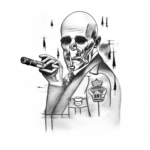 A black-grey tattoo of a crime scene, with a chalk outline of a body, police tape, and a silhouette of a detective smoking a pipe. tattoo design idea