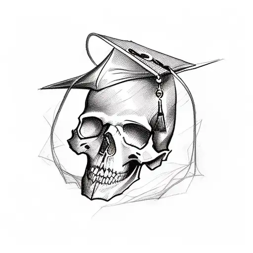 A sketch style tattoo of a skull wearing a graduation cap, symbolizing the student's passion for learning and education. tattoo design idea