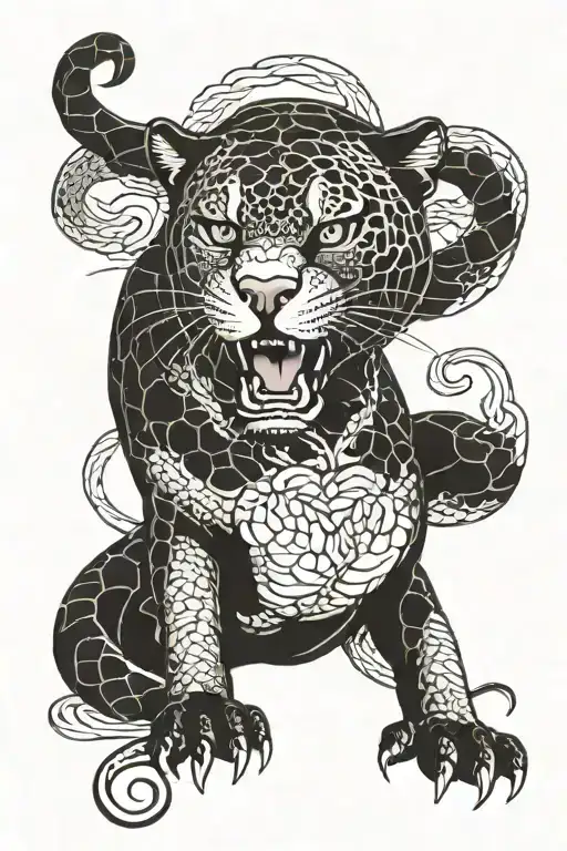 Japanese panther with snake eating its own tail tattoo design idea
