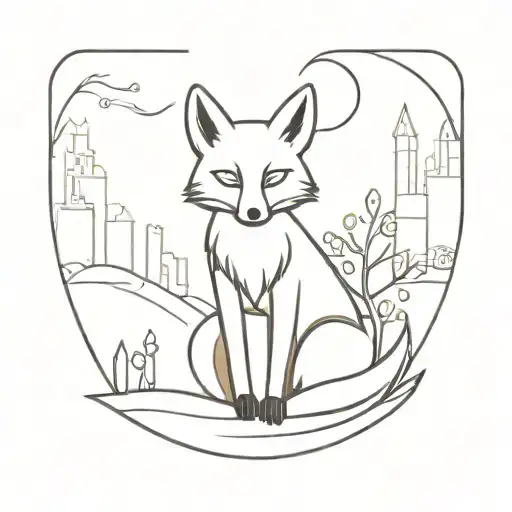 A minimalist tattoo design of a fox surrounded by the cityscape of Perm, reflecting the client's love for their hometown tattoo design idea