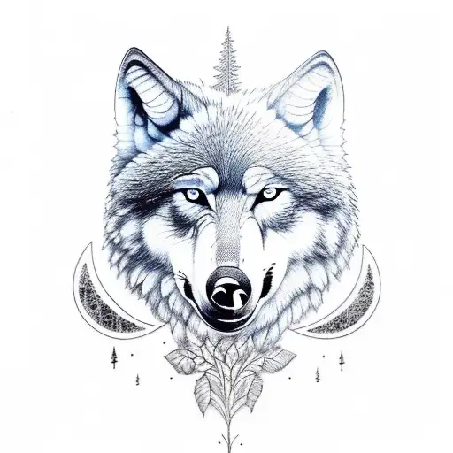 wolf, bear, trees and moon tattoo design idea