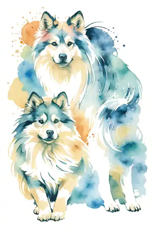 two finnish lapphunds, abstract watercolor, splatter, black and white dogs, colorful popping colors included tattoo design idea