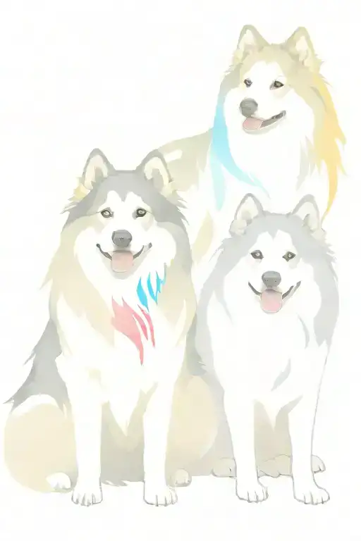 two finnish lapphunds, splatter, main color black and white on dogs, colorful popping lines and color around tattoo design idea