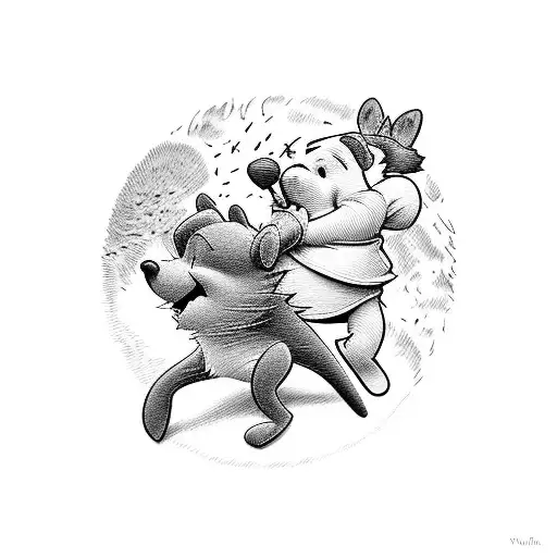 Winnie the Pooh and Tasmanian devil walking in a path with doves above them flying. tattoo design idea