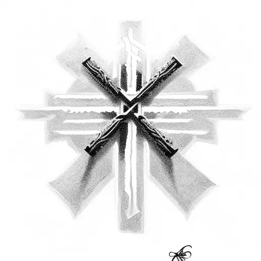 cross with banner over the front. write "Jesus du" over the top of the cross, the word "fortjener" on the banner, alt  tattoo design idea