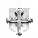 cross with banner over the front. write "Jesus du" over the top of the cross, the word "fortjener" on the banner, alt  tattoo design idea