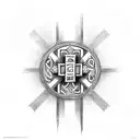 cross with banner over the front. write "Jesus du" over the top of the cross, the word "fortjener" on the banner, alt  tattoo design idea