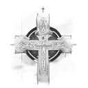 cross with banner over the front. write "Jesus du" over the top of the cross, the word "fortjener" on the banner, alt  tattoo design idea