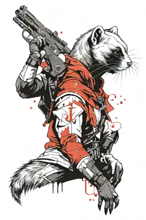 a minimal portrait of thin & light female ferret styled as assassin from "assassin's creed" game with logo at costume hand/head. turned into side. full-length body. without weapon. tattoo design idea