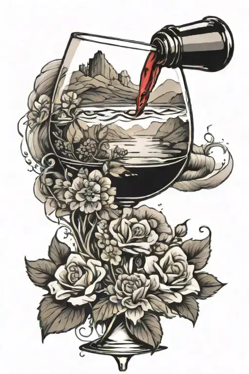 a wine glass pouring out wine onto a open valley with flowers and river stream tattoo design idea